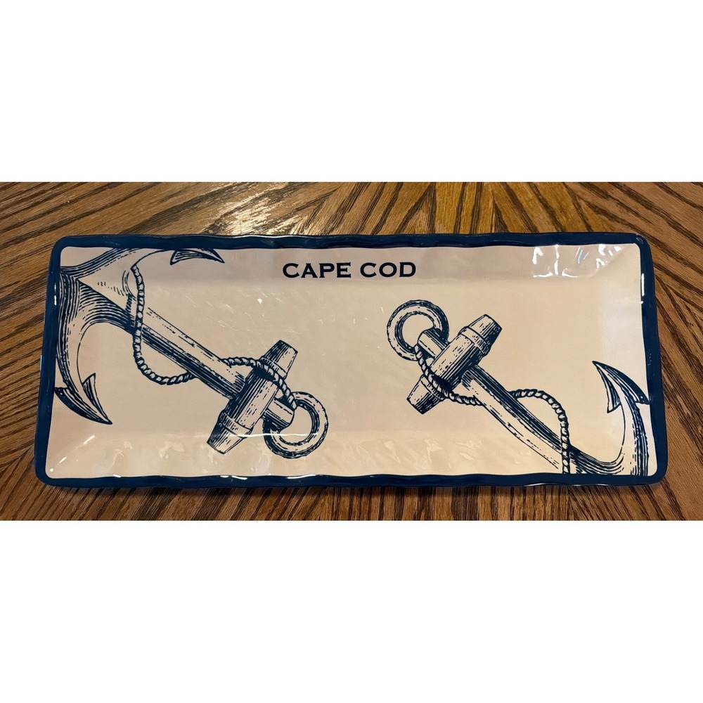 Cuffy's Cape Cod Nautical Anchor Serving Tray Blue White Scalloped Platter 13.5"